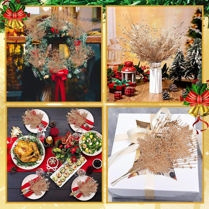 50 Pcs Christmas Glitter Berries Stems Champagne Gold Xmas Artificial Pine Needles 17 Inches Christmas Artificial Picks Fake Branches Twigs Bead Stick for Tree DIY Craft Wreath Vase Fireplace