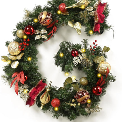 Valery Madelyn 6 feet Pre-Lit Christmas Garland with Lights for Mantle, Lighted Battery Operated Xmas Garland with Red Gold Balls for Front Door Fireplace Table Centerpiece Outdoor Window Decor