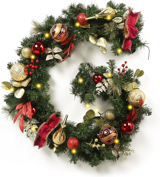 Valery Madelyn 6 feet Pre-Lit Christmas Garland with Lights for Mantle, Lighted Battery Operated Xmas Garland with Red Gold Balls for Front Door Fireplace Table Centerpiece Outdoor Window Decor