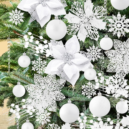 ‎LHMTQVK 92PCS Christmas Decorations, Christmas Tree Ornaments, Christmas Balls, Snowflake Decor, Hanging Clear Acrylic Crystal, Artificial Christmas Flowers, Glitter Berry Stems (White)
