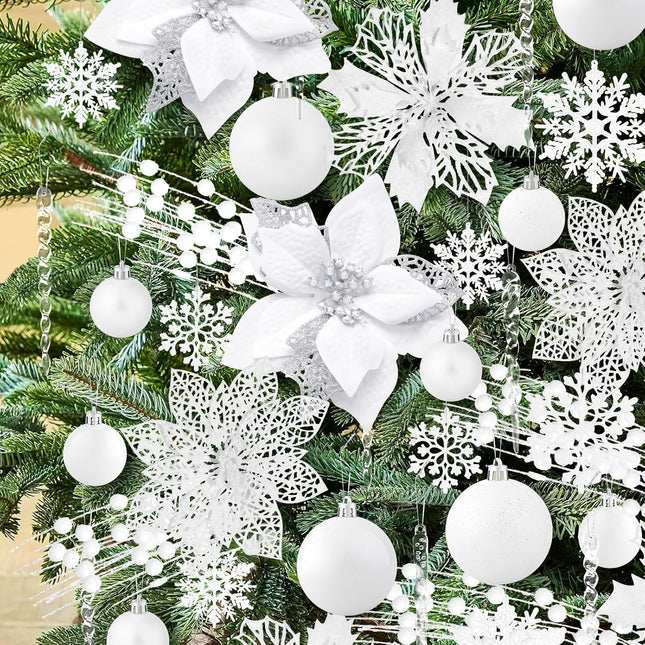 ‎LHMTQVK 92PCS Christmas Decorations, Christmas Tree Ornaments, Christmas Balls, Snowflake Decor, Hanging Clear Acrylic Crystal, Artificial Christmas Flowers, Glitter Berry Stems (White)