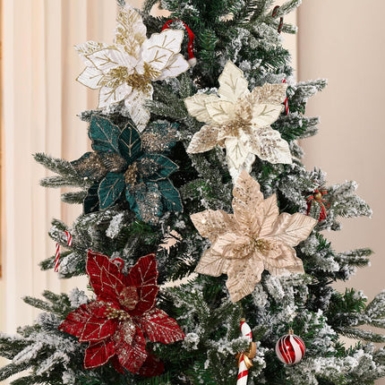 GL-Turelifes 10.7’’ Large Glitter Christmas Flowers 6 Pcs Artificial Poinsettia Flower Ornaments Fold Floral for Christmas Tree Decorations Xmas Tree Year Party Wedding Centerpiece (White)