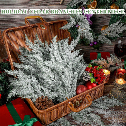 60 Pcs Christmas Artificial Faux Cedar Branches 12.6 Inch Artificial Green Cedar Sprigs Artificial Pine Branches Faux Cedar Garland Christmas Picks for Xmas Holiday Wedding Home Wreath (Snowy)