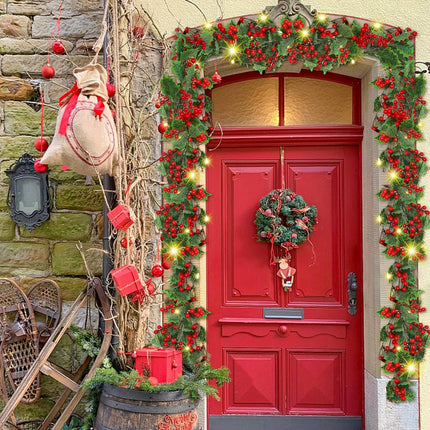 ATDAWN 9 FT Red Berry Christmas Lighted Garland, Battery Operated Christmas Garland with Lights, Flexible Artificial Pre Lit Garland for Indoor Fireplace Christmas Holiday Year Decoration, 2 Pack
