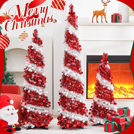 Leyndo 3 Pcs 3, 4, 5 Ft Collapsible Artificial Christmas Tree Pencil Pop up Christmas Tree Tinsel Skinny Red and White Sequined Christmas Tree for Home Fireplace Decoration