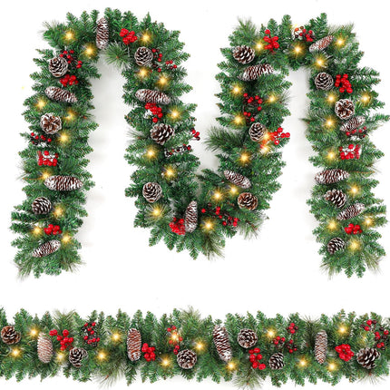 9FT Christmas Garland Decoration ，Battery Operated Lighted Garland with Pine Cones Red Berries Lush Branches，50 LED Lights 8 Modes，Christmas Decorations