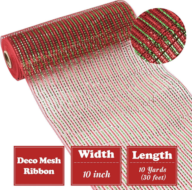 HUIHUANG Red and Green Deco Mesh 10 inch Roll Red/Lime Green Christmas Color Metallic Decorative Mesh Ribbon for Wreaths, Christmas Tree, Swags, Garland, Bows Crafts, Home Decor-10 Yards