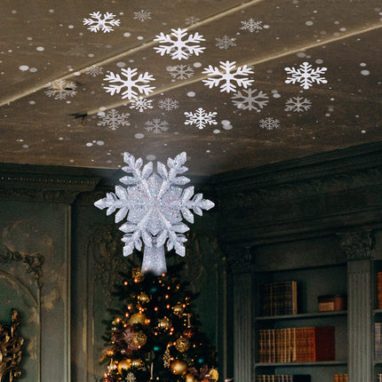 Christmas Tree Topper Lighted with Built-in Led Rotating Snowflake Projector Lights, 9.6” Hollowed Tree Topper with Silver Spangles Plug In for Indoor Home Xmas Year Party Holiday Night Tree Decor