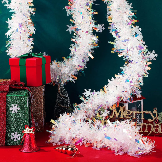 19.7 Feet Christmas Tinsel Garland Artificial Christmas Garland Xmas Metallic Twist Hanging Garland Fireplace Mantel Wreath Decor for Staircase Railing Indoor Outdoor Ornaments (Snowflake Style)
