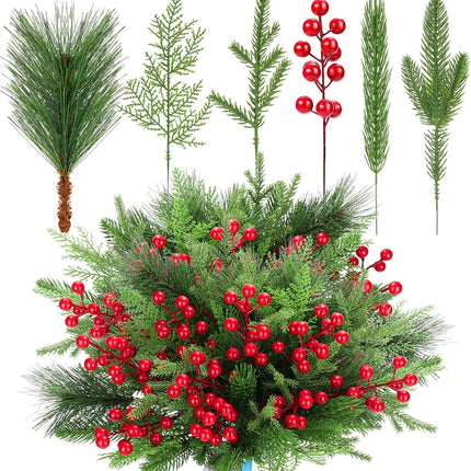 70PCS Artificial Pine Branches Christmas Greenery - Artificial Pine Needles Branches with Red Berry Stems Fake Pine Branches Set for DIY Christmas Tree Wreath Garland Crafts Holiday Home Decoration