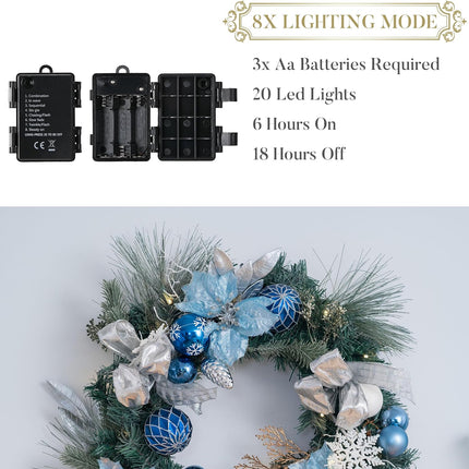 Valery Madelyn 24 Inch Pre-Lit Christmas Wreath for Front Door with Lights, Large Lighted Christmas Wreath with Silver Blue Xmas Ball for Fireplace Window Outdoor Table Centerpiece Holiday Decoration
