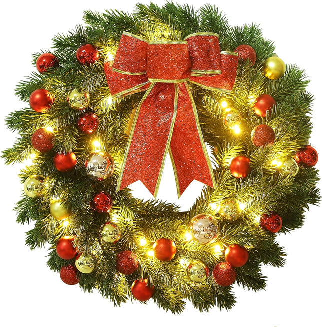 Lulu Home 16 Inch Pre-lit Christmas Wreath with Hook, Battery Operated Christmas Wreath Decorative Christmas Balls Hanging Ornament, Artificial Door Wreath 40 Clear LED Lights