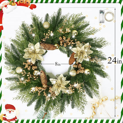 24” Christmas Wreaths for Front Door, Christmas Wreath with Lights Gold Flower Berry Leaves Ball, Glittering Wreath Decor Home Christmas Year