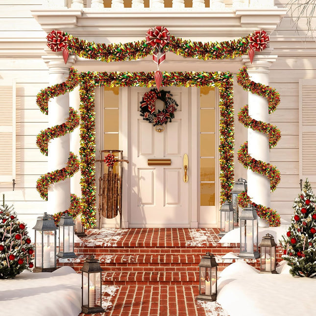 Sggvecsy 49.2Ft Christmas Green Red Gold Tinsel Garland Xmas Tree Decorations Christmas Metallic Twist Garland Ceiling Hanging Decorations for Year Party Birthday Holiday Indoor Outdoor Supplies