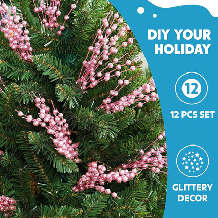 Joiedomi 12Pcs Glitter Berry Stem Ornaments, Christmas Decorative Bead Sticks, 17” Pink Artificial Glitter Twigs for Christmas Tree Decor, Wreath DIY Crafts, Holiday Party Supplies Wedding Decor(Pink)