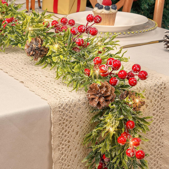 MARTINE MALL 6FT Christmas Garland, Pre-lit Christmas Garland with 20 LED Lights, Battery Operated Christmas Lighted Garland with Snowflakes Red Berry Christmas Garland for Mantle Fireplace