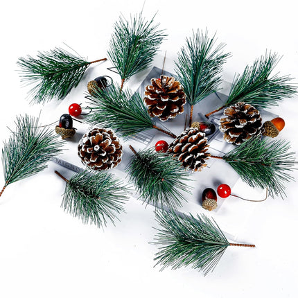 Sggvecsy 120 Pcs Artificial Pine Cones Pine Needles Artificial Red Holly Berries Natural Wooden Snowflake Christmas Wreath Accessories for DIY Christmas Garland Wreath Holiday Decoration