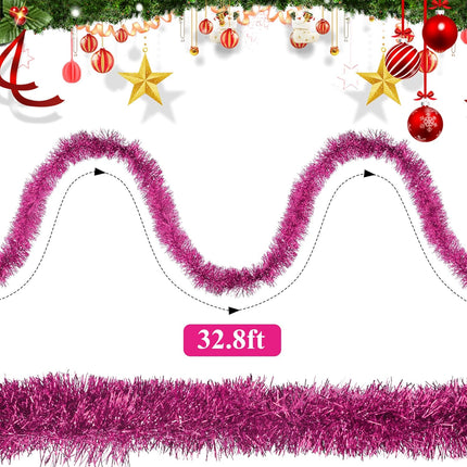 32.8 Ft Pink Christmas Tinsel Garland Metallic Shiny Tassle Banner Wall Hanging Tinsel Streamers Backdrop for Christmas Holiday Birthday Party Supplies Indoor Outdoor Ornaments Home Decor