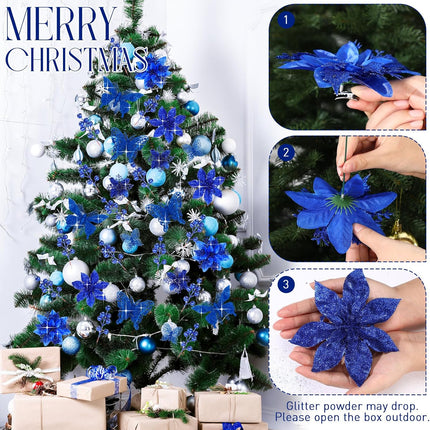122 Pcs Christmas Glitter Poinsettia Artificial Flowers Berry Picks Butterfly Christmas Tree Ornaments 3 Styles Poinsettia kit with Clip for Xmas Wreath Home Tree Decor(Royal Blue)
