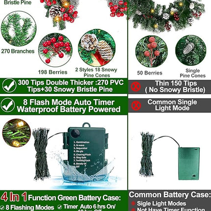 [ 2 Pack & Timer 8 Modes ] 9 Ft 100 LED Each Prelit Christmas Garland Lights 300 Thick Branch 198 Red Berry 18 Snowy Pinecone Waterproof Xmas Garland Christmas Decorations, Total 18 Ft 200 Warm Lights