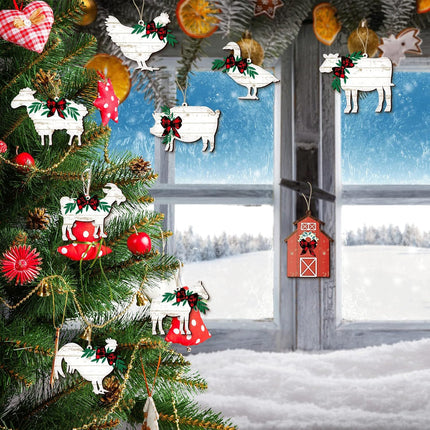 36 Pcs Christmas Farm Animals Ornaments Wood Christmas Animal Hanging Ornaments Wooden Cow Pig Farmhouse Holiday Decor for Christmas Tree Decoration Crafts