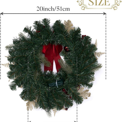 Valery Madelyn Pre-Lit Christmas Wreath for Front Door with Light, 20 Inch Large Lighted Christmas Wreath with Red Gold Xmas Ball for Fireplace Window Outdoor Table Centerpiece Holiday Home Decoration
