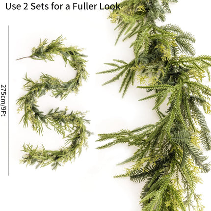 9ft Handmade Christmas Garland,Artificial Cypress Cedar Pine Needles Greenery Seasonal Garland for Christmas TV Cabinet Winter Holiday Indoor Outdoor Decoration