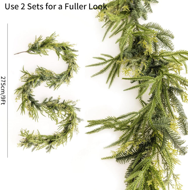 9ft Handmade Christmas Garland,Artificial Cypress Cedar Pine Needles Greenery Seasonal Garland for Christmas TV Cabinet Winter Holiday Indoor Outdoor Decoration