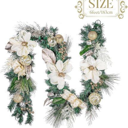 Valery Madelyn 6 feet Pre-Lit Christmas Garland with Lights for Mantle, Lighted Battery Operated Xmas Garland with White Gold Ball Magnolia for Front Door Fireplace Table Centerpiece Window Home Decor