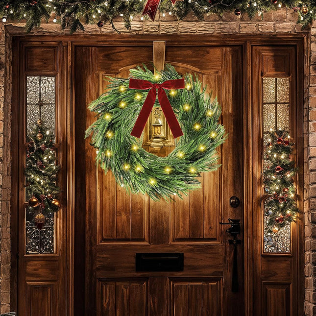 Christmas Norfolk Pine Wreath for Front Door Christmas Artificial Wreath with Red Ribbon and Lights Christmas Sign Door Hanger Decorations Indoor Outdoor Home Holiday Christmas Xmas Party Supplies