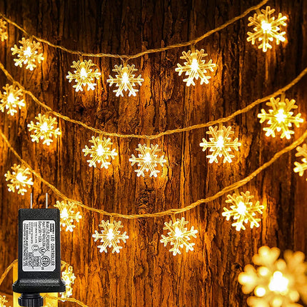 Dazzle Bright Christmas Snowflakes String Lights, 100 LED 49FT Waterproof Christmas Lights Plug in with 8 Modes for Indoor Outdoor Holiday Wedding Party Xmas Tree Garden Decorations (Warm White)