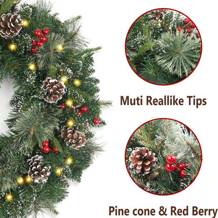 Christmas Wreath Snowy Pre-lit 24 inch with 50 Light & Pine Cone, Artificial Christmas Wreaths for Front Door with Lights, Wreath for Christmas Decoration Door Windows Wall Green