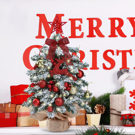 Sggvecsy 23.6’’ Mini Snow Frosted Christmas Tree Table Top Lighted Artificial Xmas Tree Star Treetop Glitter Balls Red Deer Red Bows Red Berries Hanging Ornaments DIY Holiday Indoor Decorations