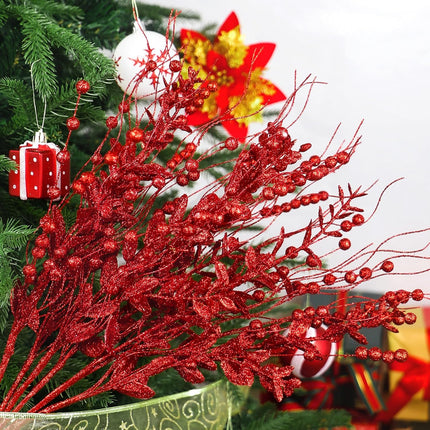 Ouddy Decor 16 Pack Christmas Glitter Berries Stems, 17'' Artificial Christmas Tree Picks and Sprays Decorations with Bead Sticks Glittery Twigs Branches for Christmas Tree Vase Wreath Home Decor, Red