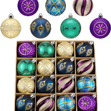 Valery Madelyn Christmas Ball Ornaments, 16ct Peacock Blue Purple Green Shatterproof Christmas Tree Decorations Set, 2.36 Inch Decorative Hanging Ornament Bulk for Xmas Holiday Party Decor