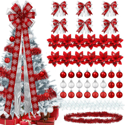 Liliful 63 Pcs Christmas Decorations Set Including Large Bow Christmas Tree Topper Glitter Bow Knots Poinsettia Flowers Metallic Tinsel Garland Balls Ornament White Snowflake Decor (Red)