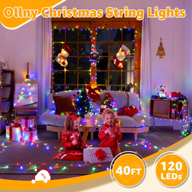 Ollny Christmas Lights 120LED 40FT, Multicolor Fairy Lights Waterproof Connectable Timer, 8 Modes Plug in String Lights for Bedroom Outdoor Tree Indoor House Decorations