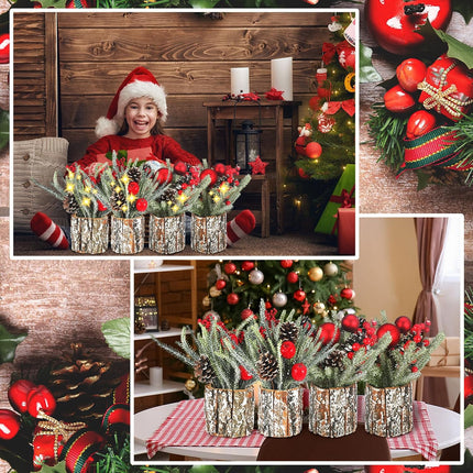 4PCS Small Christmas Tree 13.8 x 11.8 Artificial Mini Tabletop Christmas Tree Decor Mini Christmas Tree with Berries and Pine Cones Xmas Table Centerpiece Home Potted Tree with LED Lights for Party