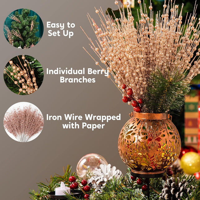 Joiedomi 24 pcs Christmas Tree Berry Stem (Rose Gold) Ornaments, Glittery Decorative Bead Sticks, Glittery Twigs, Picks, Branches for Christmas Tree, Small Vase, Holiday, Wedding, Party Decorations