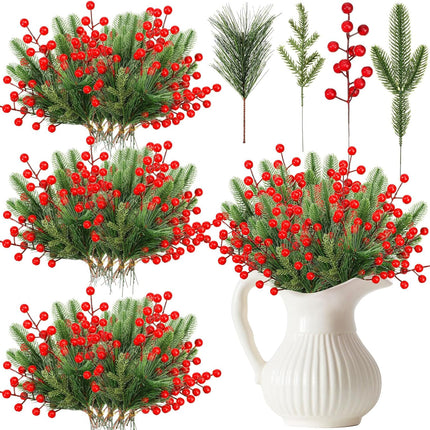 400 Pcs Artificial Pine Needles Branches and Artificial Red Berry Stems Fake Greenery Pine Picks Christmas Red Berry Picks Holly Berries Branches Christmas Fake Tree Branches for DIY Garland Wreath