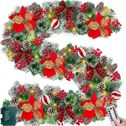 Remote Control - 9 Ft by 10 Inch Christmas Garland with 50 LED Lights Timer 8 Mode 300 Thick Snowy Tips 18 Pinecones 198 Berries 5 Poinsettia 4 Balls Battery Operated Outdoor Cedar Garland Xmas Decor