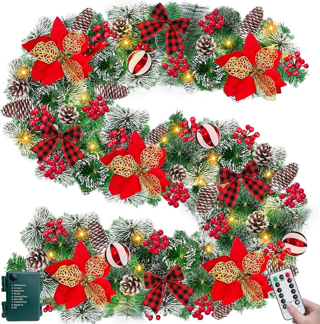 Remote Control - 9 Ft by 10 Inch Christmas Garland with 50 LED Lights Timer 8 Mode 300 Thick Snowy Tips 18 Pinecones 198 Berries 5 Poinsettia 4 Balls Battery Operated Outdoor Cedar Garland Xmas Decor