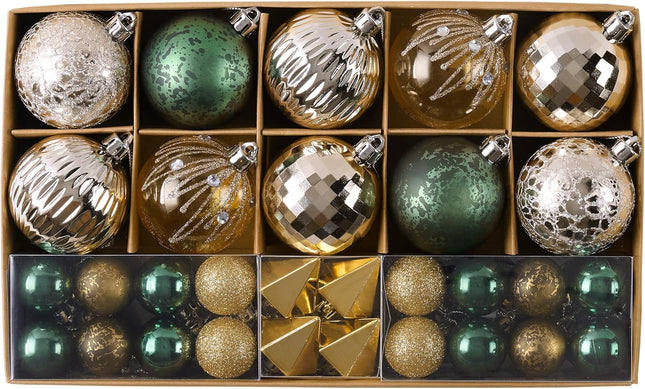 DecorbyHannah 50ct Christmas Ornaments Set, Green Gold Christmas Tree Ornaments Decorations, Assorted Shatterproof Decorative Hanging Ball Ornaments for Small Tree, Home Party Decor (30mm+60mm)