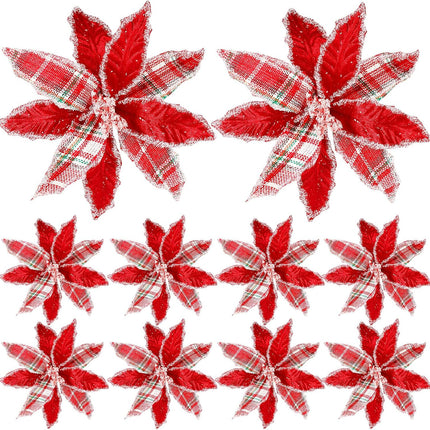 10 Pieces Christmas Buffalo Plaid Red White Green Plaid Poinsettia Flowers Christmas Tree Ornaments for Christmas Tree Wreaths Garland Holiday Decorations