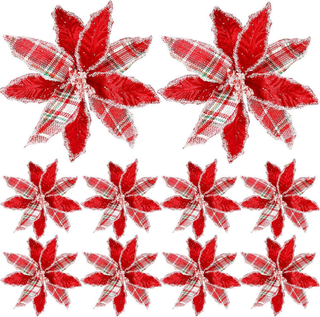 10 Pieces Christmas Buffalo Plaid Red White Green Plaid Poinsettia Flowers Christmas Tree Ornaments for Christmas Tree Wreaths Garland Holiday Decorations