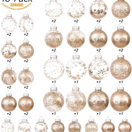 Sea Team Christmas Baubles Set of 48 Shatterproof Clear Plastic Christmas Baubles Set with Decorative Christmas Balls with Stuffed Delicate Decorations (48 Pieces, Champagne)
