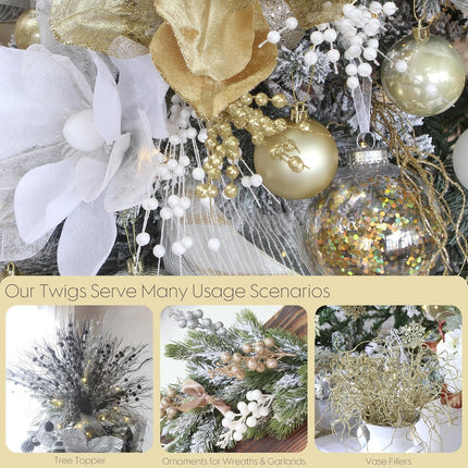 Sea Team 24-Pack Artificial Glitter Berry Stem Ornaments, Decorative Bead Sticks, Glittery Twigs, Picks, Branches for Christmas Tree, Small Vase, Holiday, Wedding, Party (17 Inches, Gold)