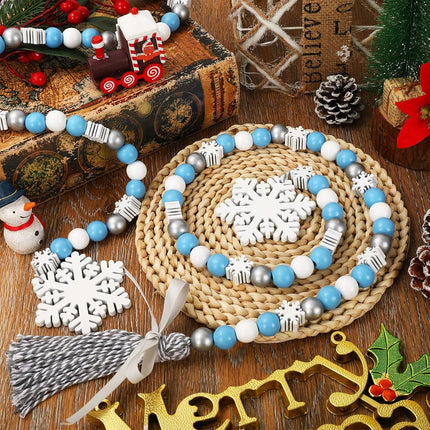 Whaline 2Pcs Winter Wood Bead Garland with Snowflake Tassel Xmas Tree Blue White Silver Snowflake Garland Tiered Tray Decor Rustic Farmhouse Wooden Bead Garland for Winter Home Fireplace Decor