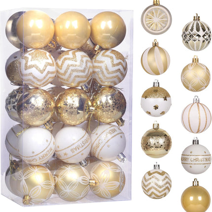 30ct 2.36 Inch Christmas Ball Ornaments, White and Gold Shatterproof Christmas Tree Decorations Balls Ornaments Set, Elegant Hanging Ornament for Xmas Tree Holiday Decor