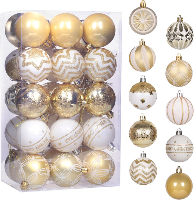 30ct 2.36 Inch Christmas Ball Ornaments, White and Gold Shatterproof Christmas Tree Decorations Balls Ornaments Set, Elegant Hanging Ornament for Xmas Tree Holiday Decor
